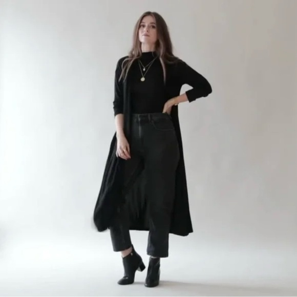 Lou & Grey Open Front Long Pocket Duster Cardigan Sweater Black - Picture 1 of 9